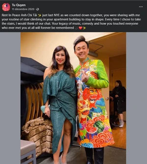 Bài đăng Facebook của Tú Quyên vào ngày 11 tháng 12 năm 2020 về cái chết của cố nghệ sĩ Chí Tài
