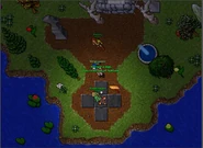 A player looking at the sign in the entrance of the island, accompanied by the notorious CM Knightmare