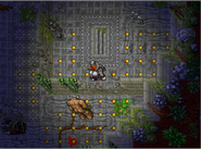 You have the same challenges on the first floor as you did on the ground floor. Monsters can attack from beyond the wall to the south. The lines of attack are as the coins indicate. You should move north as soon as you can. There is only one Behemoth at the top of the stairs. You need to prepare an Energy Bomb Rune for safety and use it as far north and east of the stairs as you can.