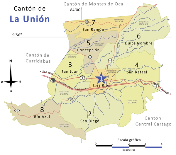 Mapa político de La Unión, Cartago