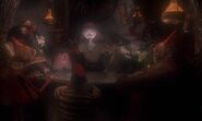 Through a witch's cauldron, the Mayor and citizens watch Jack deliver presents during Christmas Eve.