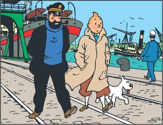 Snowy, walking along with Captain Haddock and Tintin
