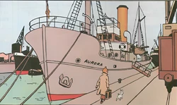 Tintin and  aproaching the ship Aurora.
