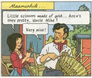  finds gold scissors and shows them to Mike.