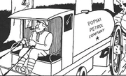 The Russian man in a carriage sponsored by Popski Petrol Company, a seen in black and white.