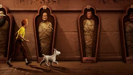 Tintin découvrant de nombreuses momies d'explorateurs l'ayant précédé