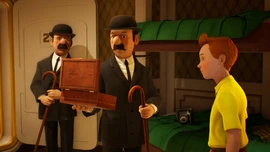 Tintin se faisant perquisitionner par Dupond et Dupont pour trafic d'armes et de stupéfiants