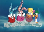 Babs, Buster, Shirley, and Plucky in winter coats with literally frozen feet