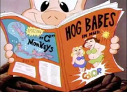 Hamton reads an issue of Hog Babes with an ad for sea monkeys on the back cover