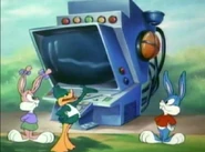 Plucky shows Buster and Babs his new machine, the Acme Brain Wave Scan-O-Meter