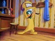 Waiter Plucky puts on a hazmat suit