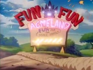 A sign pointing to the AcmeLand amusement park