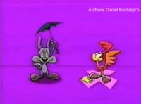 Calamity pulls a rope to drop the Cartoon Network logo on Little Beeper, but it lands on him instead.