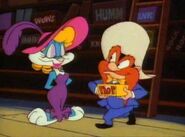 Yosemite Sam with Buster Bunny dressed as a lady