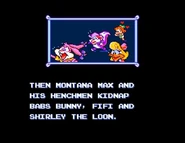 Babs, Shirley, and Fifi being chased by Elmyra in the opening cutscene of Buster's Hidden Treasure