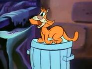 An orange cat jumps on Monty's trash can