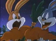 Babs and Buster about to eat two giant carrots