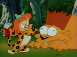 Elmyra gives a lion a Bart Simpson haircut