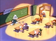 Buster, dressed as Albert Einstein, teaches the class