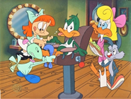 An animation cel of Shirley and the gang as servants for Plucky