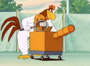 Foghorn Leghorn practices tennis with a tennis ball machine