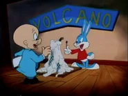 Buster demonstrates his hastily-rushed volcano project to Elmer Fudd
