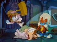 Babs and Buster pretending to be Yosemite Sam and Elmer Fudd while trying to take back the scripts from Monty.