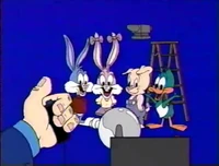 Buster, Babs, Hamton, and Plucky are having a group photo taken, but Plucky takes a cue from Daffy in the intro sequence and places an anvil above Hamton, resulting in the picture at the top of this page.