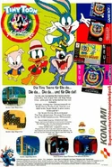 French ad for Buster's Hidden Treasure and other Tiny Toon Adventures video games, featuring Buster, Plucky, Hamton, Dizzy, and Sparkster from Rocket Knight Adventures