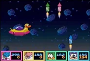 The rockets fly past a Duck-shaped spaceship