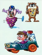 Conceptual artwork of three unreleased Happy Meal Toys; the Dizzy Devil Football top, the Montana Max snowmobile, and an Operation-esque Taz toy from a separate Looney Tunes promotion