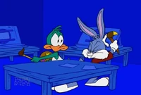 Buster and Plucky duel each other with paintbrushes as their weapons.