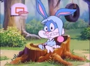 Buster, in his pajamas, realizes he overslept