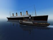 The Titanic with a tugboat.