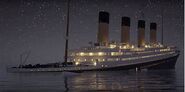 Titanic's bow being deep into the water, from an animation created by Titanic: Honor & Glory