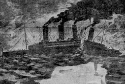 One of the first depictions of the breakup, featured in the Kansas City Post, April 19th 1912.[30]