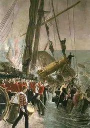 Thomas Hemy's famous painting of soldiers standing fast on HMS Birkenhead while the women and children head off in a lifeboat in the background