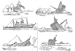 Lewis Skidmore's sketch of the Titanic sinking. It is based on the testimony of Jack Thayer, though he claimed that Archibald Gracie inspired it.