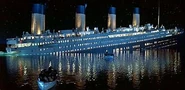 Lifeboat 6 rowing away from the sinking Titanic just before 1:30 A.M. in the 1997 movie 'Titanic'
