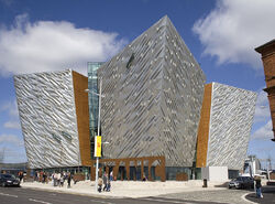 View of the main entrance and sign to Titanic Belfast