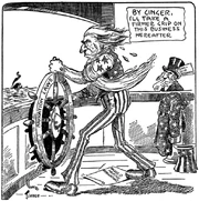 Cartoon of Uncle Sam taking hold of a ship's wheel marked "Navigation Laws" and saying, "By ginger, I'll take a firmer grip on this business hereafter." At his feet is a paper reading "Ragged marine regulations". A worried-looking man in a top hat marked "Steamship Magnate" looks on. In the distant background a ship can be seen sinking.