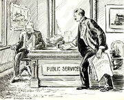 "The Margin of Safety Is Too Narrow!", a 1912 cartoon by Kyle Fergus, showing the public demanding answers from the shipping companies