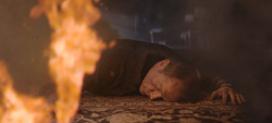 Bruce Wayne unconscious amongst flames