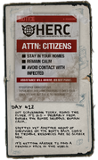 The first solid evidence that this was the fourth The Last Stand game. The code at the top of the flyer translates to "Deadzone" and the code at the bottom translates to "SURVIVING OPERATIVES UNION CITY HAS BEEN DECLARED A DEAD ZONE. HERC THANKS YOU FOR YOUR SERVICE."