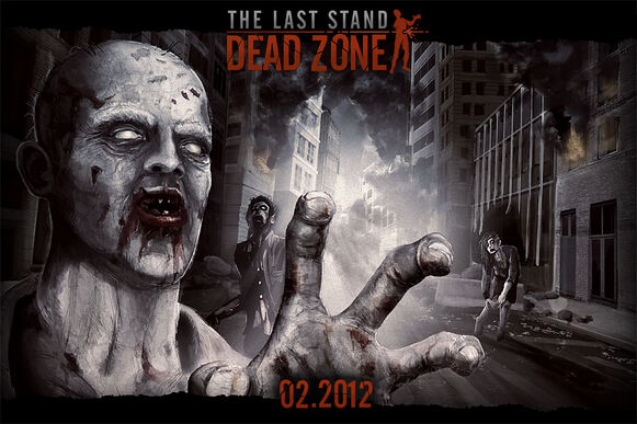 A promotional image released by the game developers showing a zombie in the foreground with its hand reaching out towards the viewer, with two other zombies in the background. The words The Last Stand: Dead Zone can be seen at the top, and the game's release date, 02.2012, at the bottom.