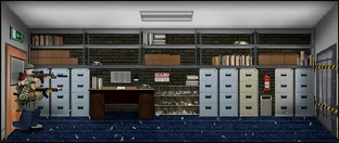 File cabinet room, with stairs leading to basement