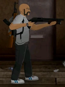 A survivor holding the Shotgun at the ready (Alpha)