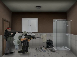 Room 302 bathroom (note black trash bag)