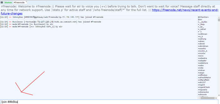 Freenode IRC webchat join another channel
