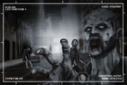 A view of 3 zombies by something equipped with a 30mm weapon, possibly an automated sentry gun. The code at the top right of the image translates to "Deadzone" with a Caesarian Shift of 6.